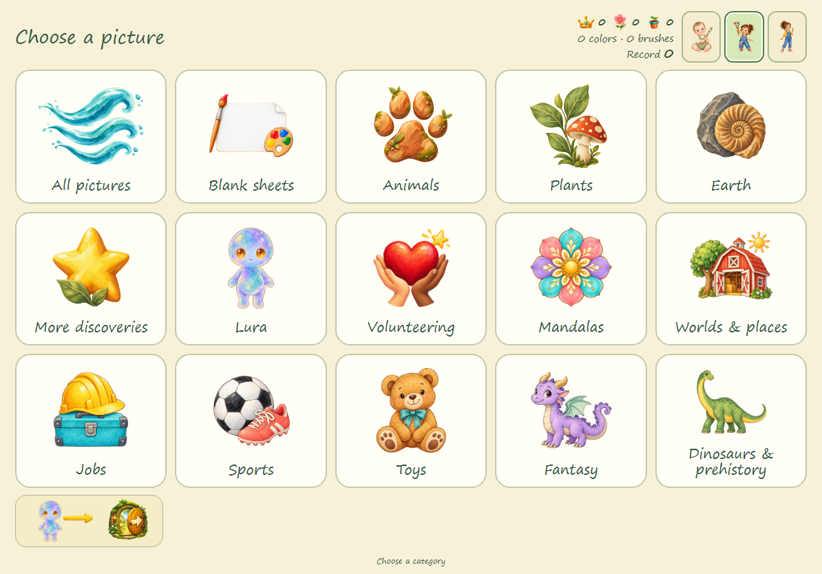 Lura Colors: the complete theme selection screen with illustrated categories and three painting levels