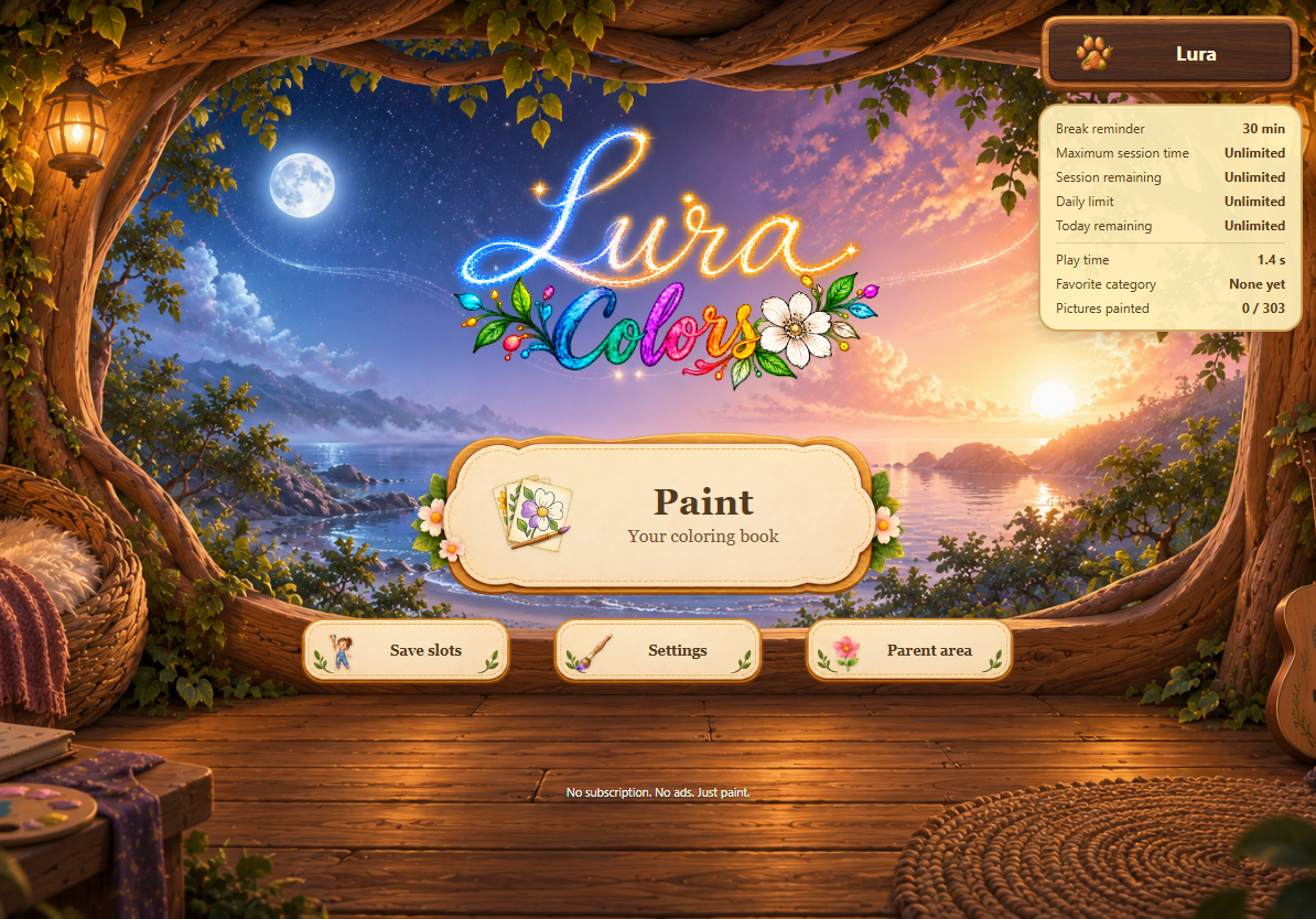 Lura Colors: the complete treehouse start menu with the coloring book, profiles, settings and parent area