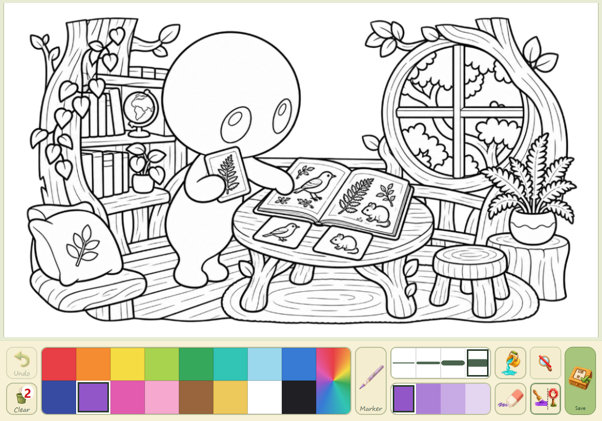 Lura Colors: the complete painting screen in the middle child painting level with a Lura coloring picture, drawing tools and a color palette